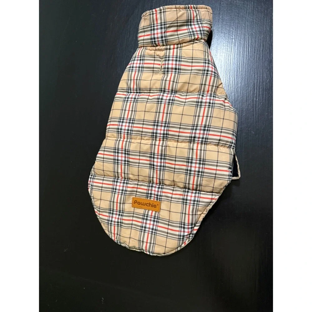 Pawchie Reversible Dog Puffer Vest Plaid Tan Quilted Jacket Medium RN DCD057
